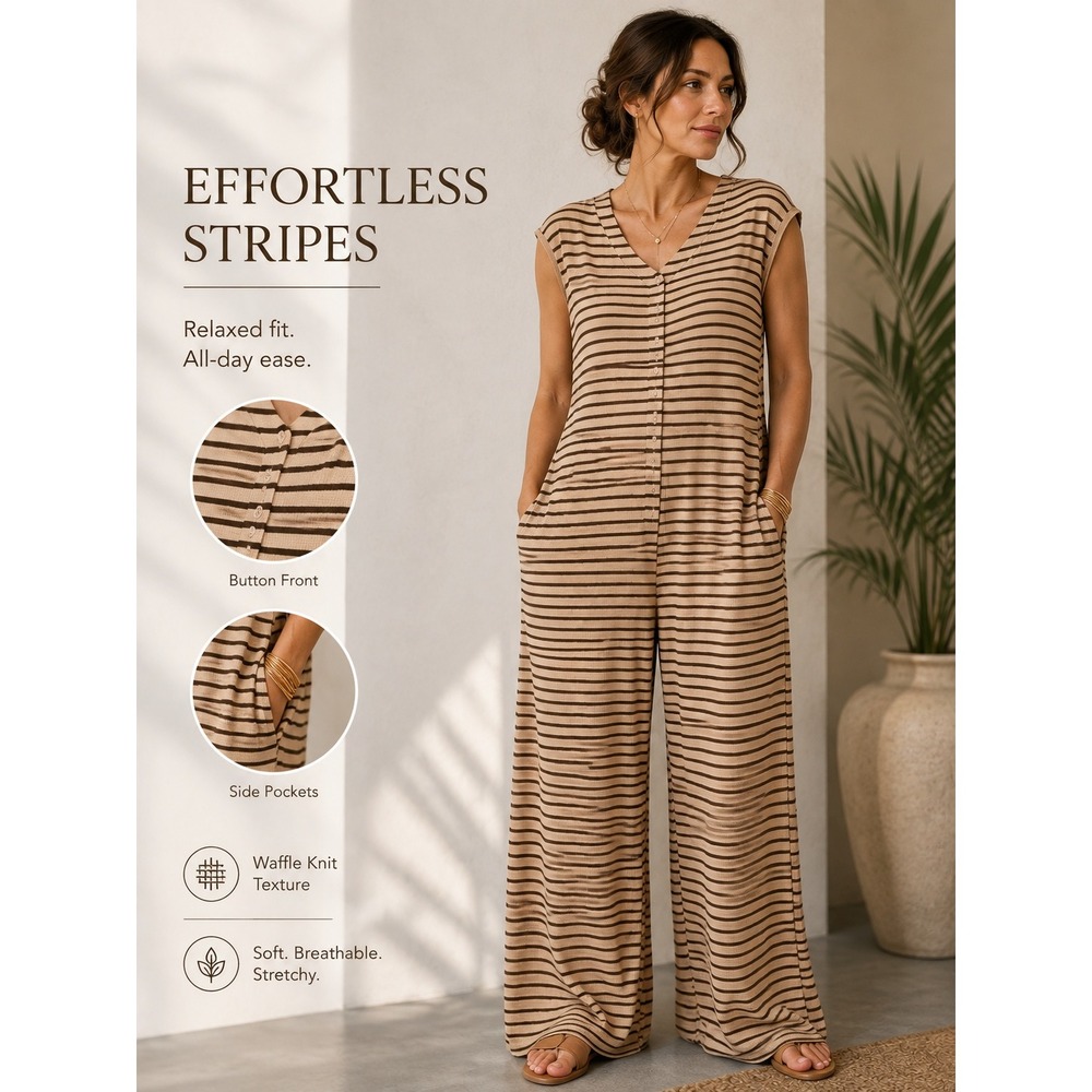 Jumpsuit Women Medium Khaki Brown Striped Sleeveless Wide Leg Button Front‎
